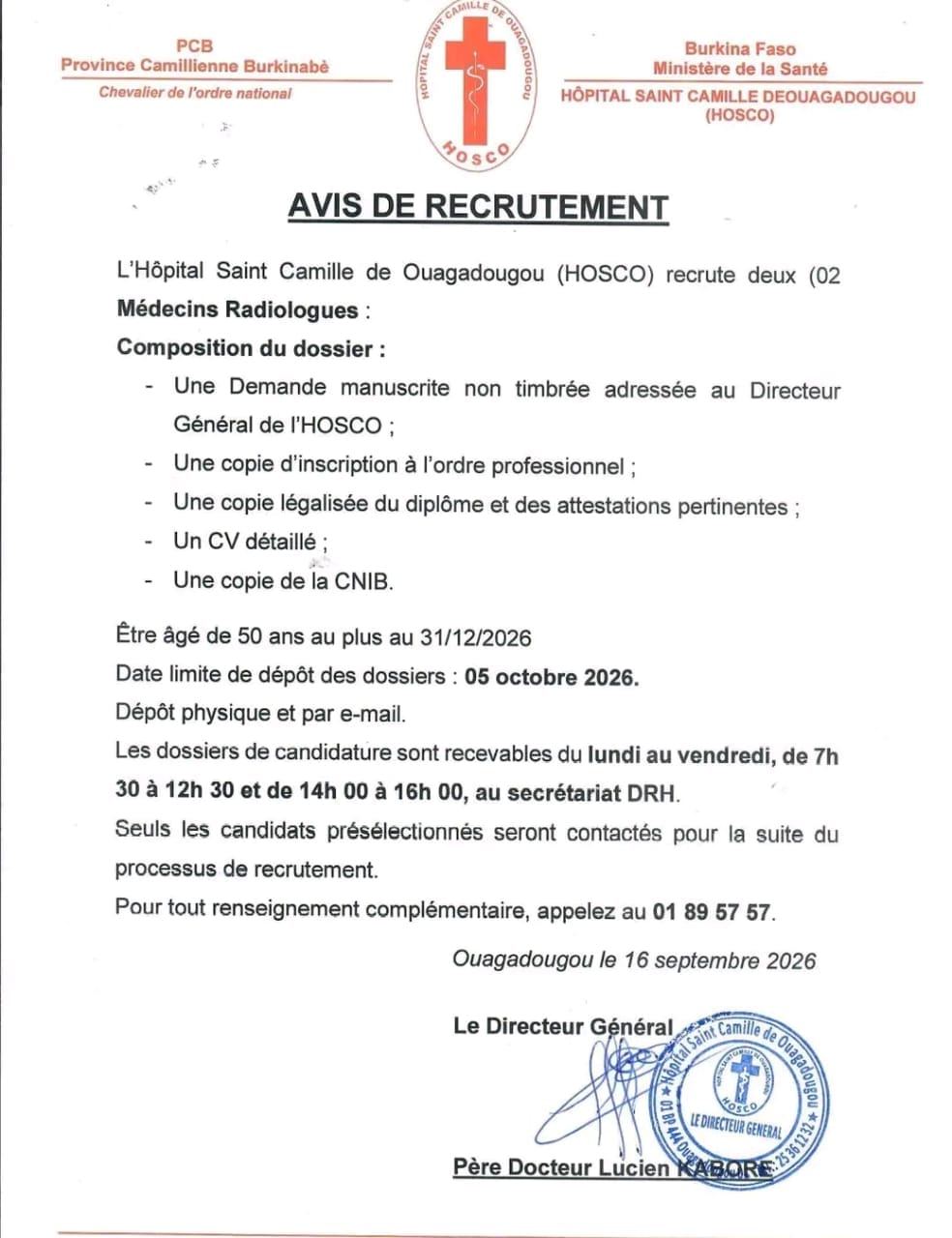 Recrutement de deux (02) Médecins Radiologues