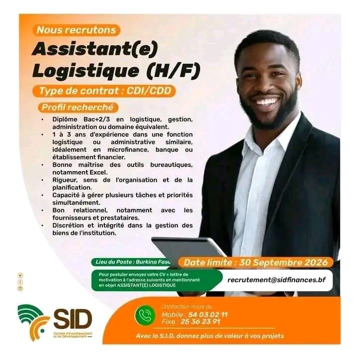 Recrutement de 01 Assistant(e) Logistique (H/F)