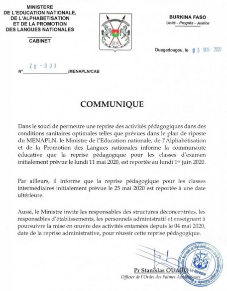 La rentrée des classes d’examen repoussée au lundi 1er juin 2020
